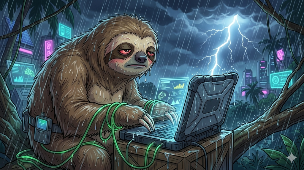 ローリーが嵐の中で雨に打たれながらノートPCで作業している画像。