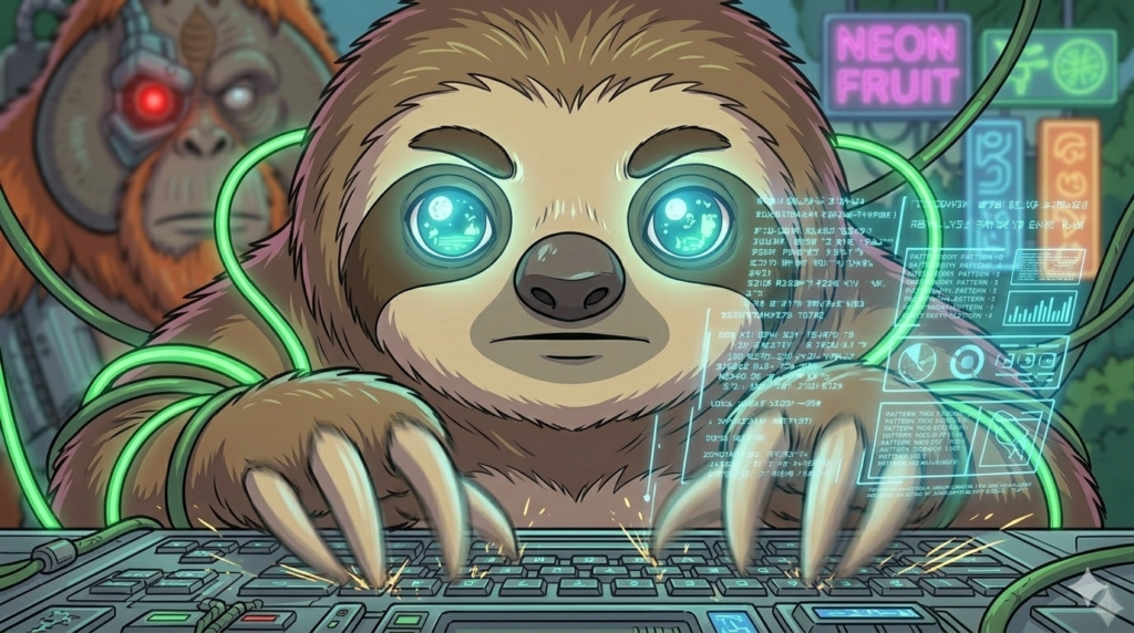 PCの前で、ローリィが別人のように集中してキーボードを叩いている画像。