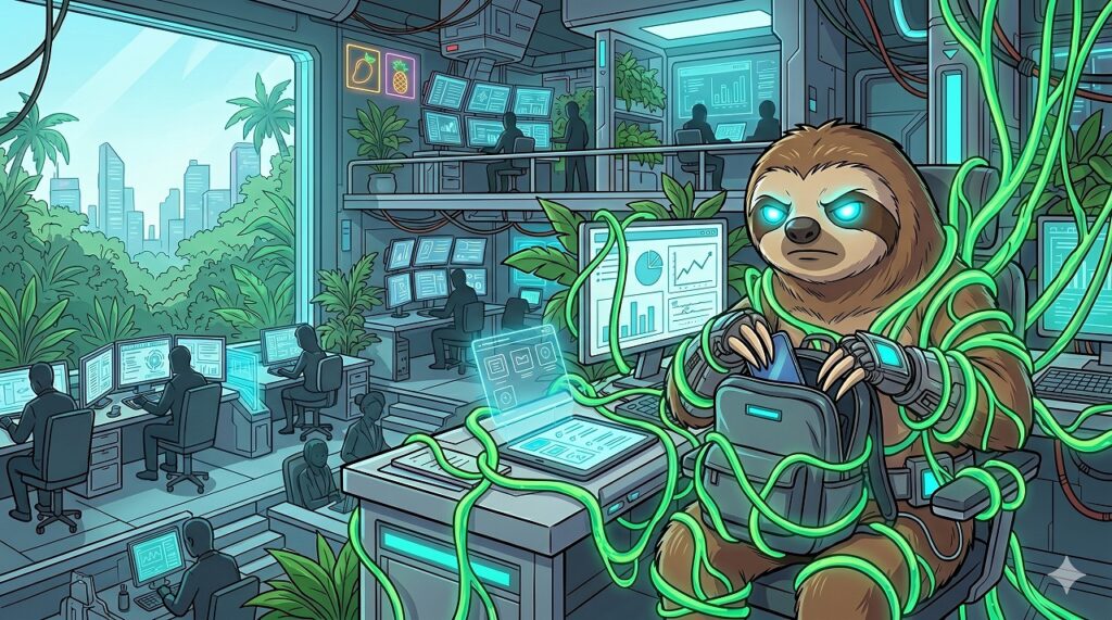 コワーキングスペースでタスクに向かうローリィのイラスト画像。